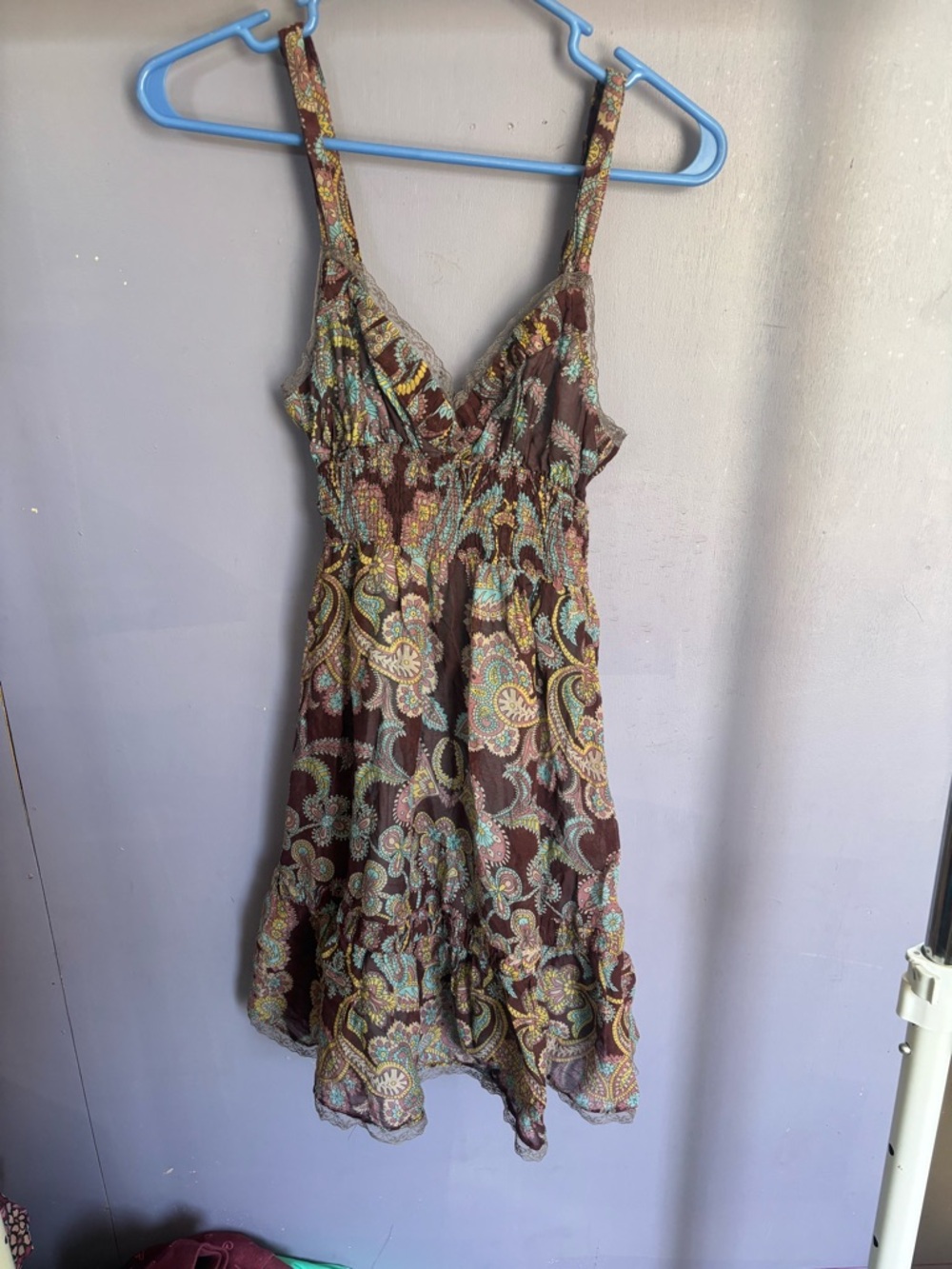 Free People Brown Paisley Mini Dress with Aqua & Tan Accents